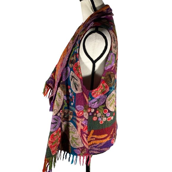 Handmade Anu XL Colorful Wool open Vest Embroidered Floral Design Fringe boho - Picture 4 of 12